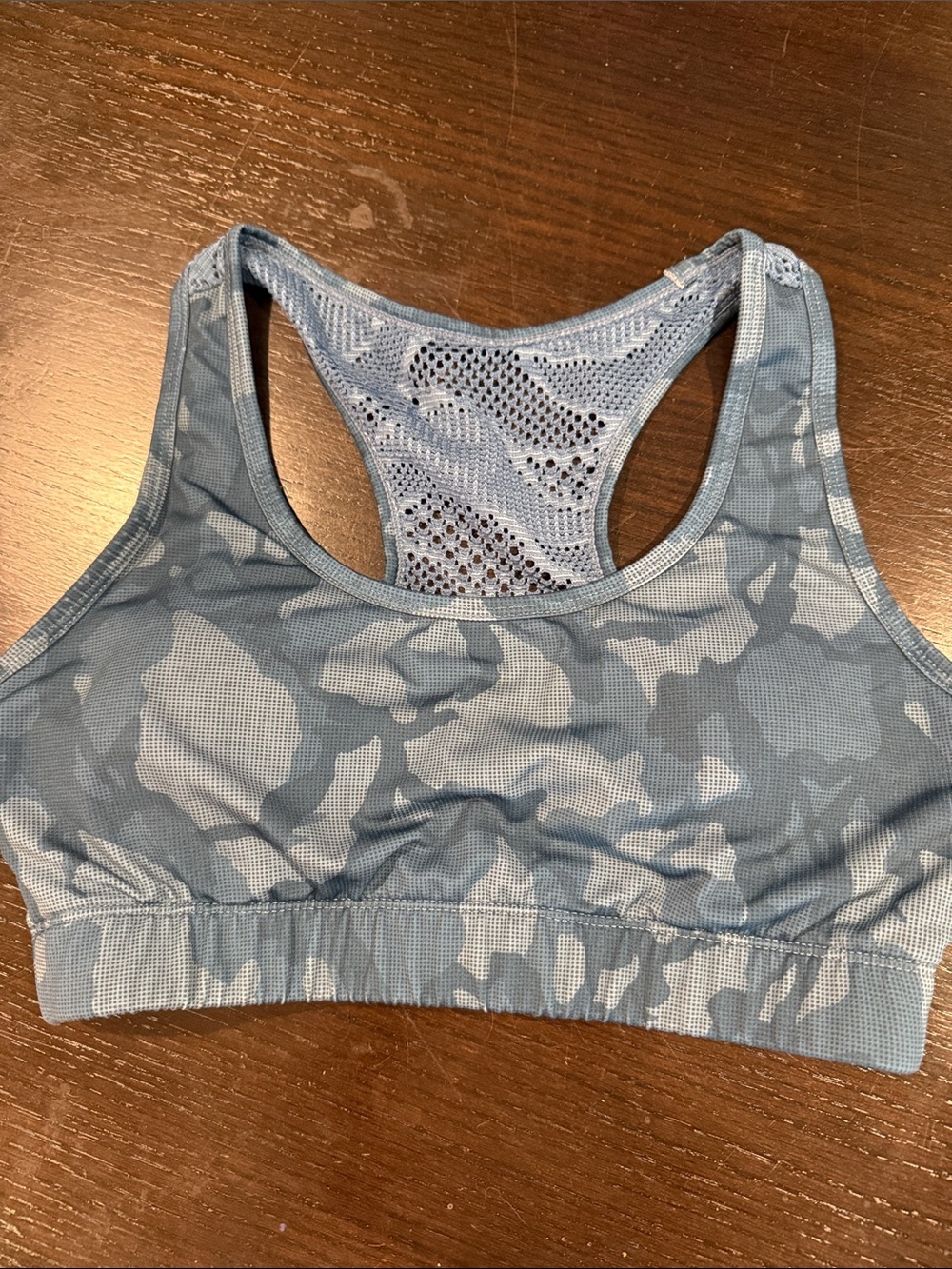 Light Blue Camouflage Racerback Sports Bra bomber Zyia medium blue